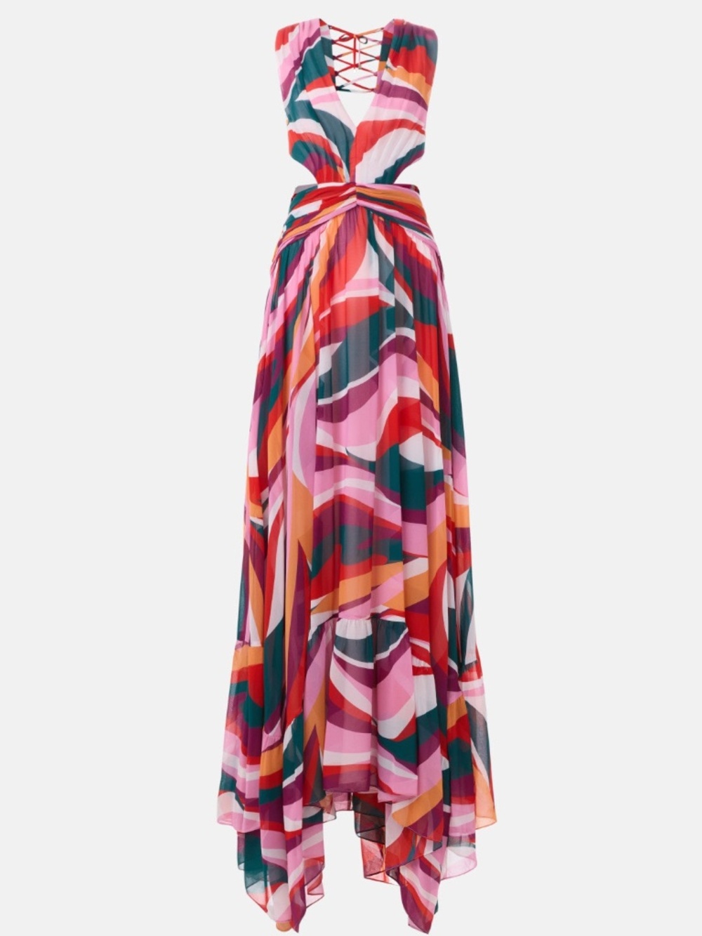 PatBo DELOS Plunge Maxi Dress Cut Out Cutout Red Swirl - US 4